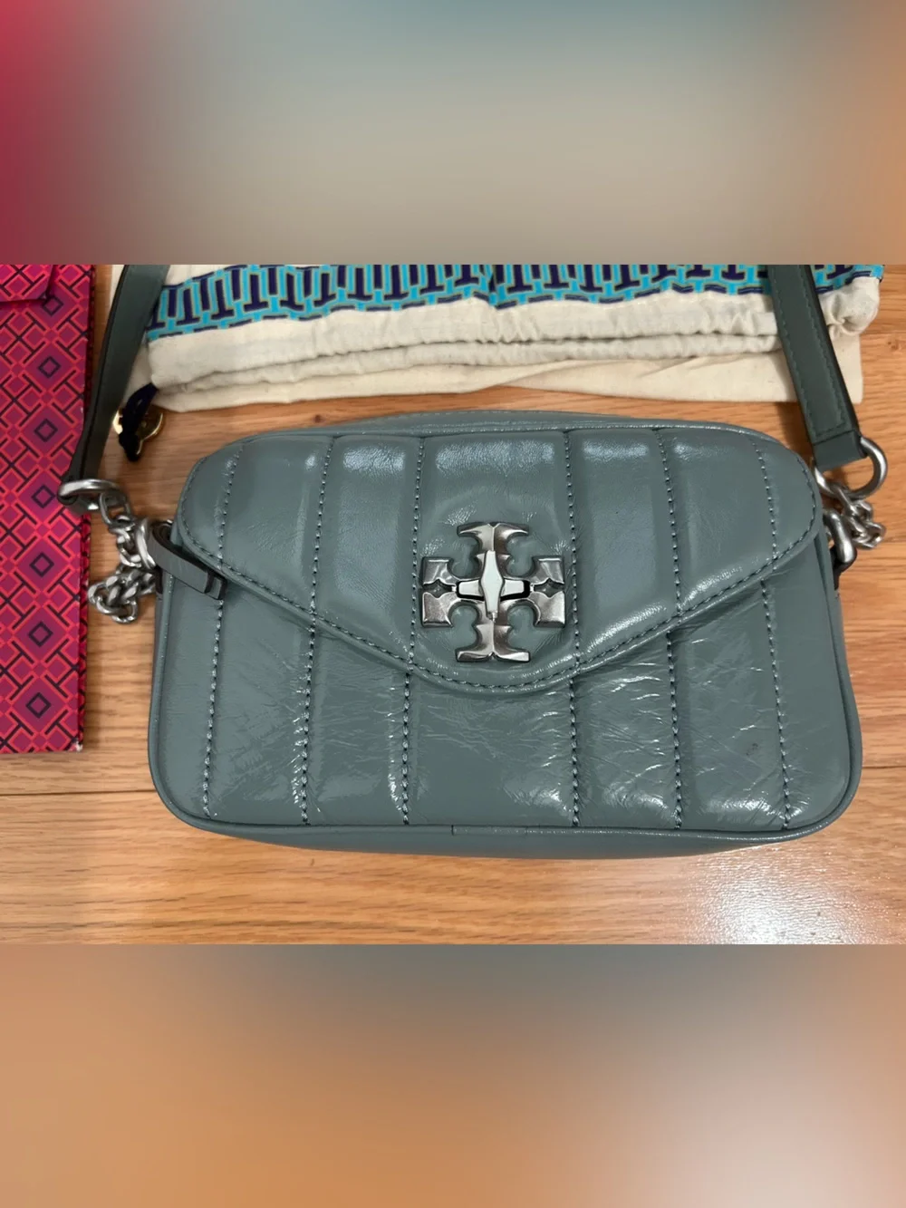 Tory Burch Small Kira Patent leather Camera Bag in Light Arctic (ice blue)